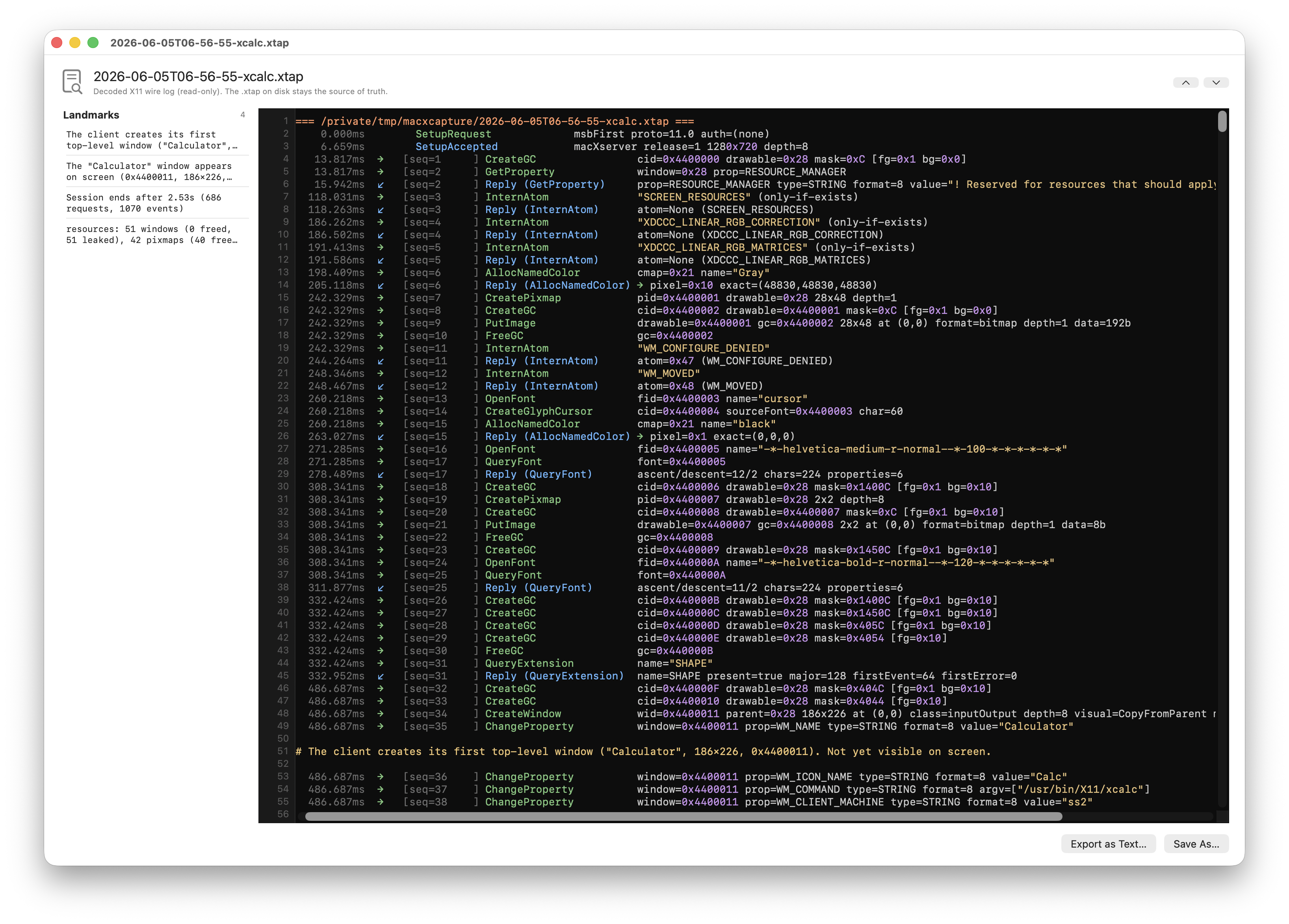 The macXcapture viewer showing a decoded X11 session